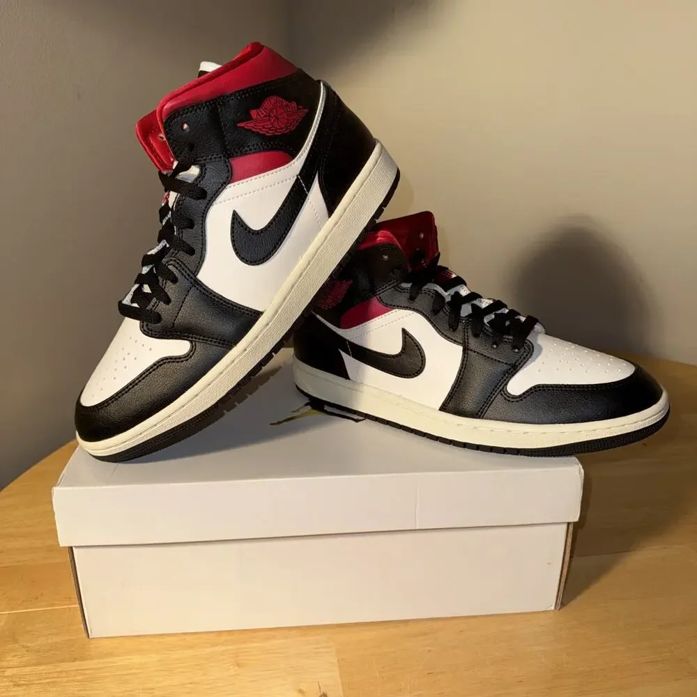 Size 11.5w or 10 Mens- Air Jordan 1 Mid Black Sail Gym Red